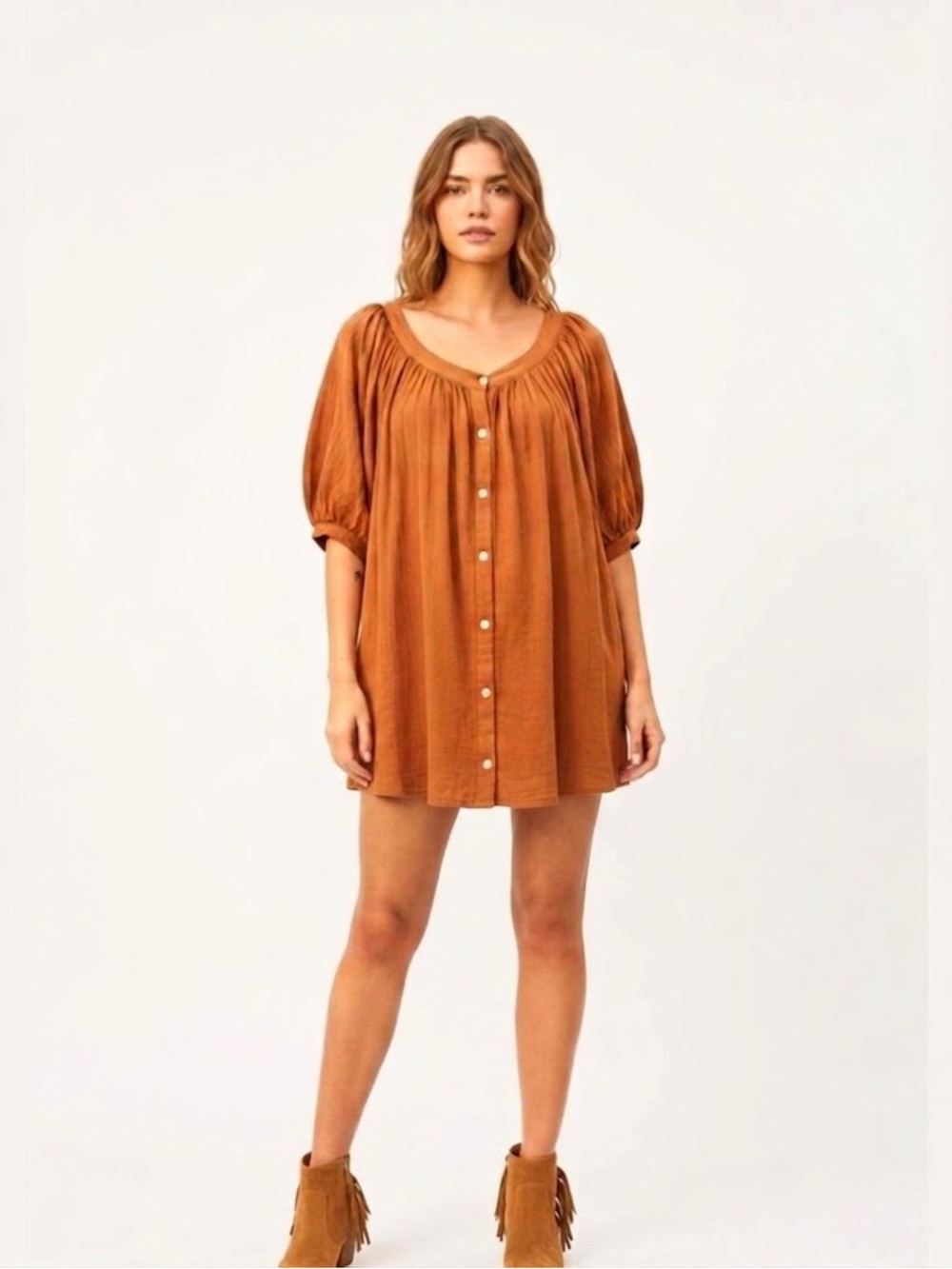 Free People- Button-Down Boho Chic Tunic Mini Dress Oversized Rust Orange Medium